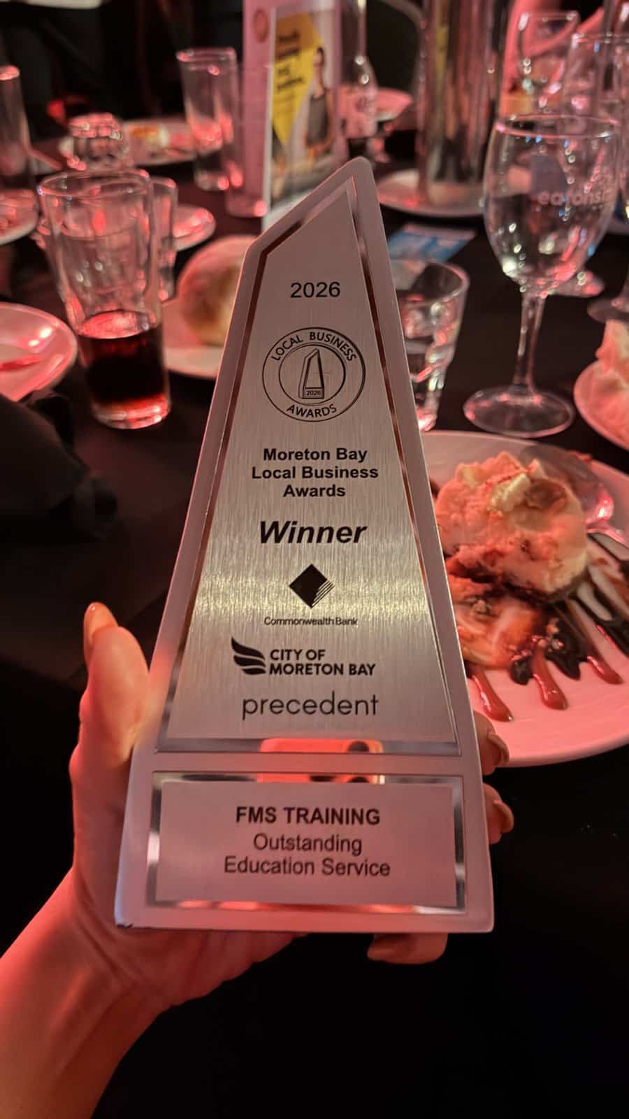 FMS Training's 2026 Moreton Bay Local Business Awards trophy for Outstanding Education Service